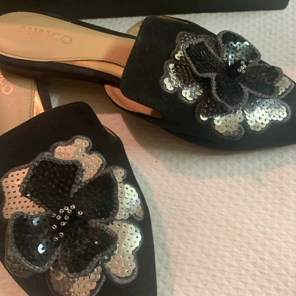 Mimco Black & Silver Epoque Flats Shoes Sz6 Flower Crystals motif stunning🤎 - Picture 9 of 10